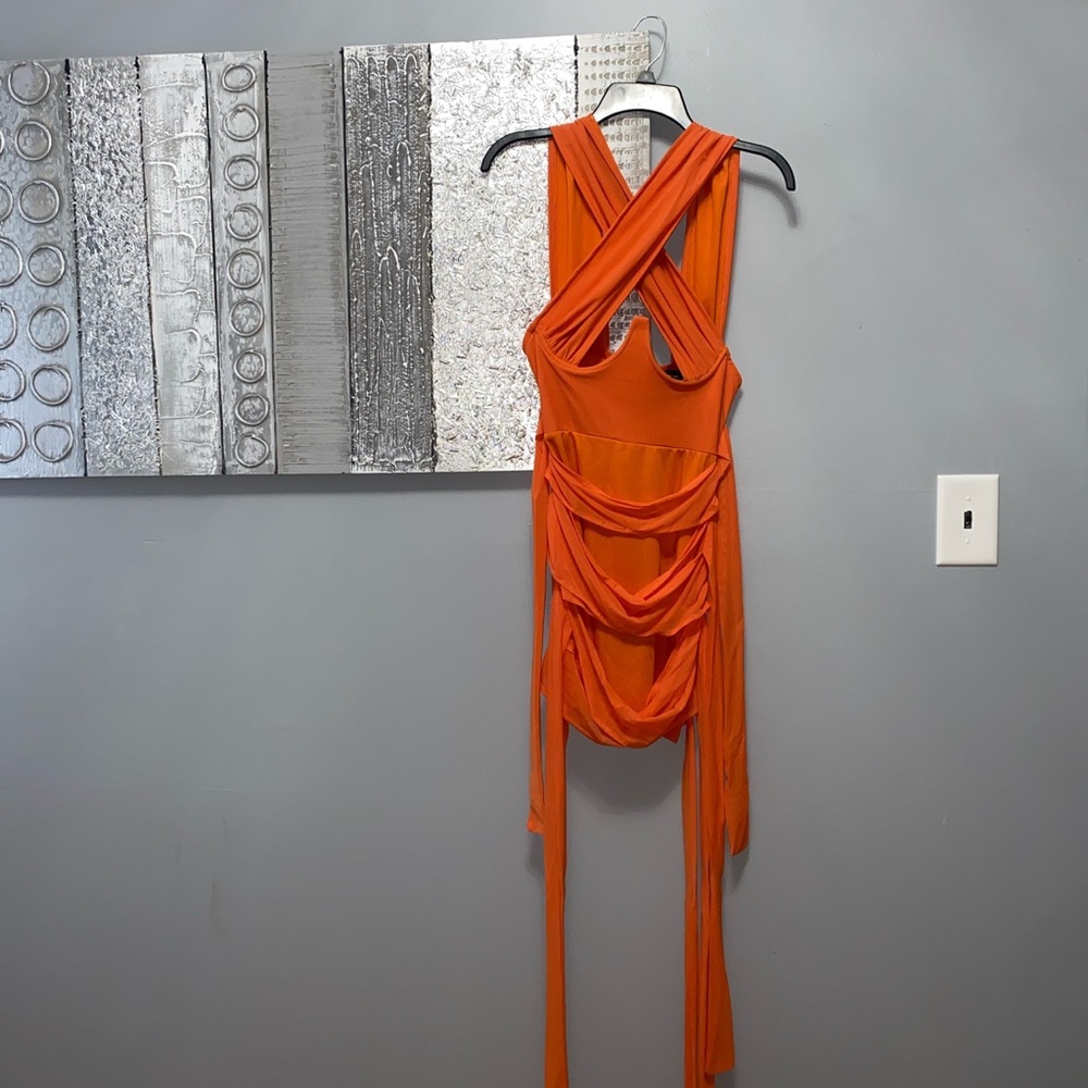 Shape Orange Mesh Wrap Neck Tie Detail Bodycon Dress from Pretty Little Thing